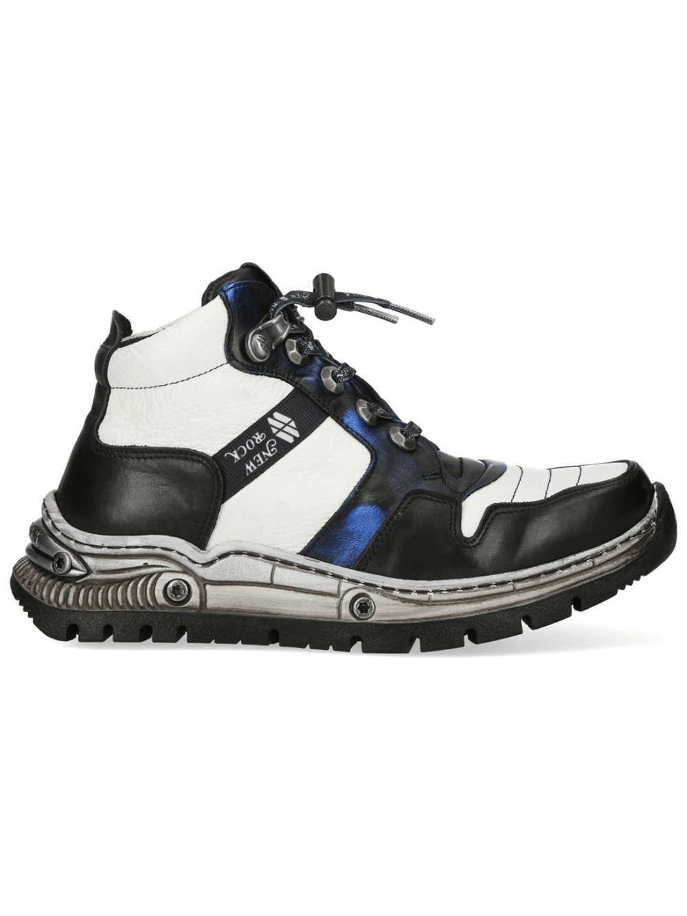 NEW ROCK Women's Ankle Boots with Metallic Blue Panel Trim side view showcasing the black, white, and metallic blue design.