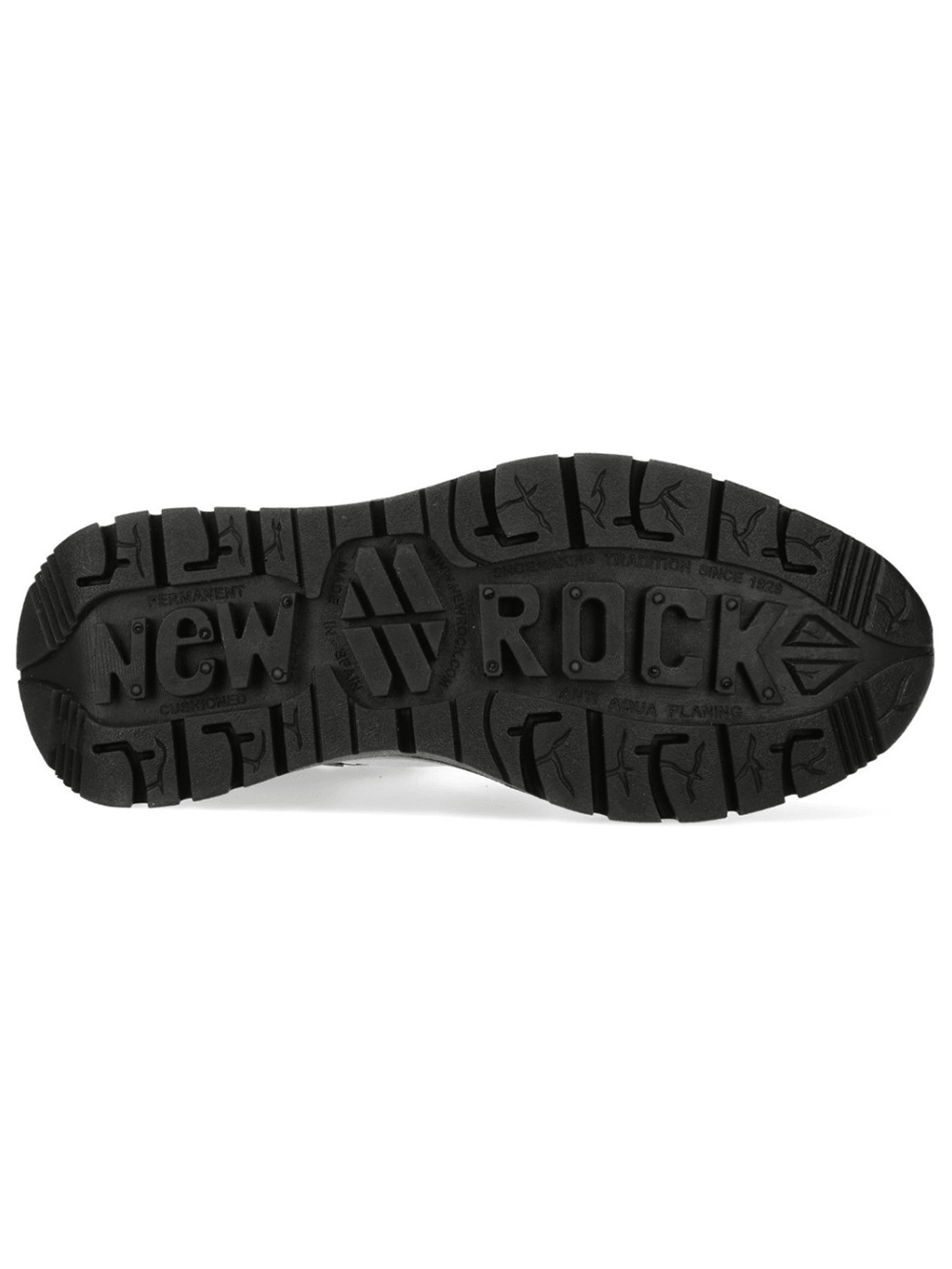 NEW ROCK Women's Ankle Boots with Metallic Blue Panel Trim sole view featuring durable black industrial design.