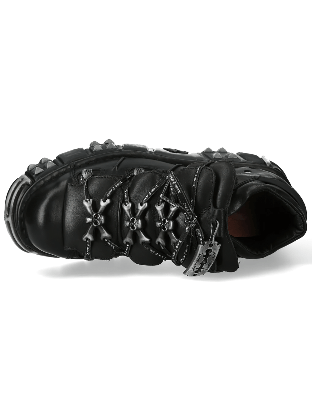 Alt Tag: NEW ROCK Women's Ankle Boots with Studded Sole Silhouette black low-ankle platform boot with blade lace hardware and studs