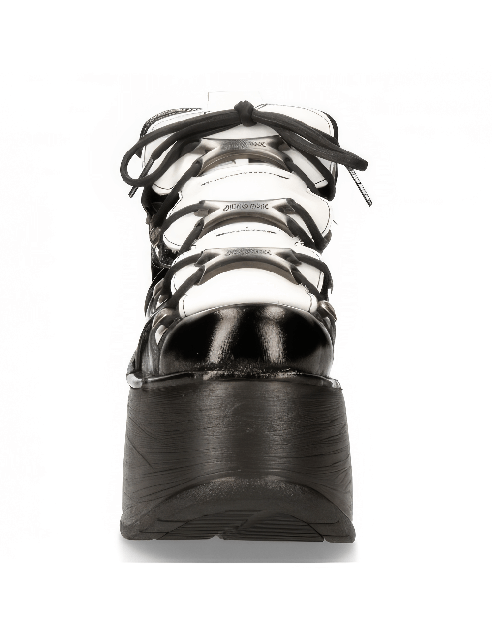 Front view of NEW ROCK Women's Black and White Gothic Platform Ankle Boots with lace-up design and chunky sole.