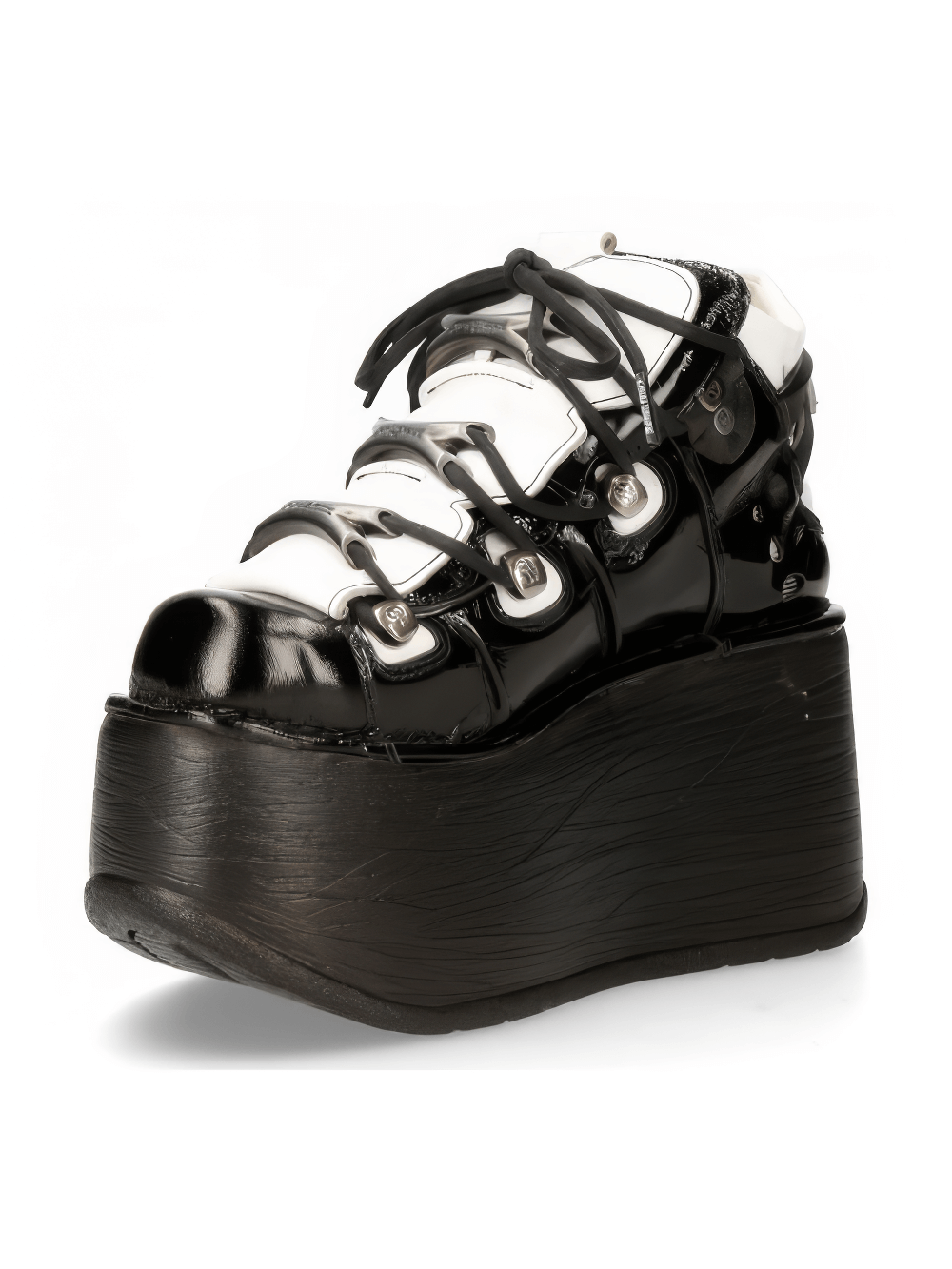 NEW ROCK women's black and white gothic platform ankle boots with lace-up design and chunky sole.