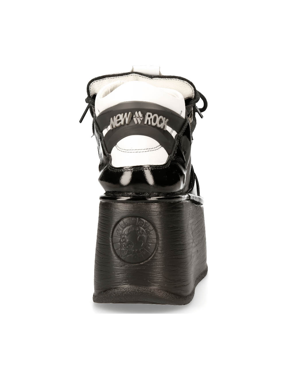 Back view of NEW ROCK Women's Gothic Platform Ankle Boots in black and white with lace-up design and chunky sole.