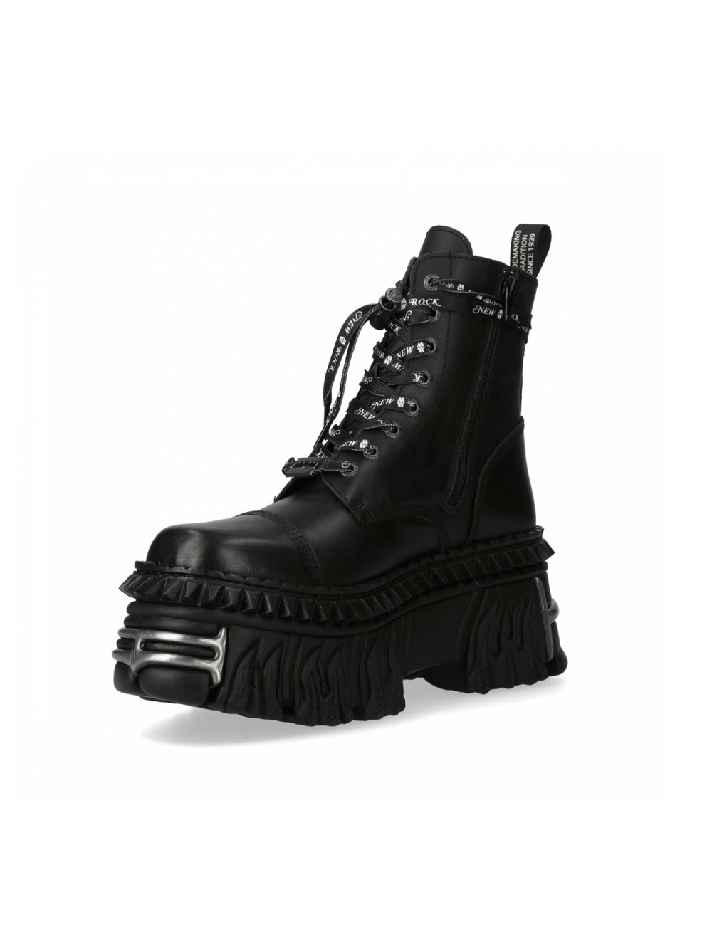 NEW ROCK women's black ankle boots with lace and zipper, featuring a chunky platform for edgy styling.