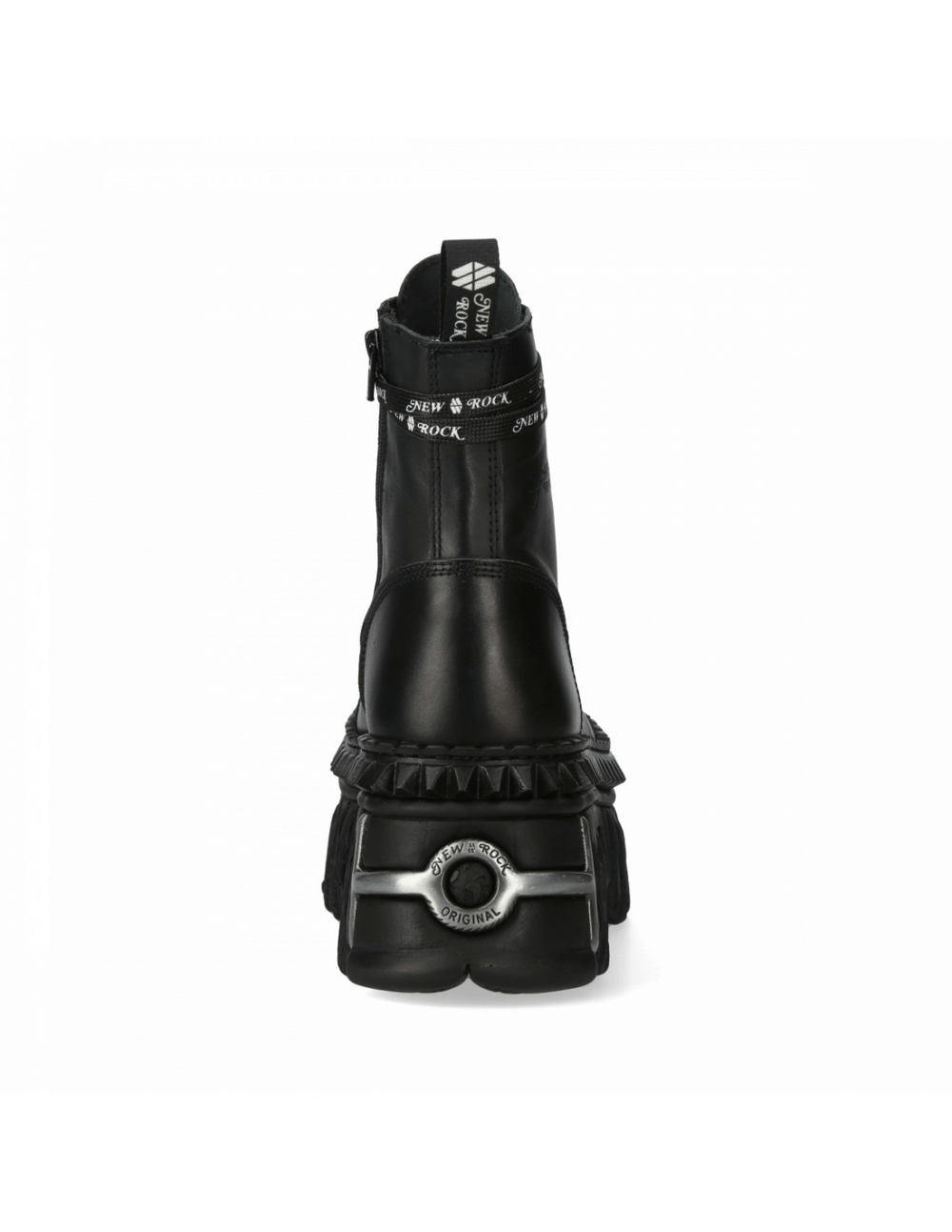 NEW ROCK Women's Black Ankle Boots with Lace Detail, featuring a stylish zipper and a rugged platform heel.