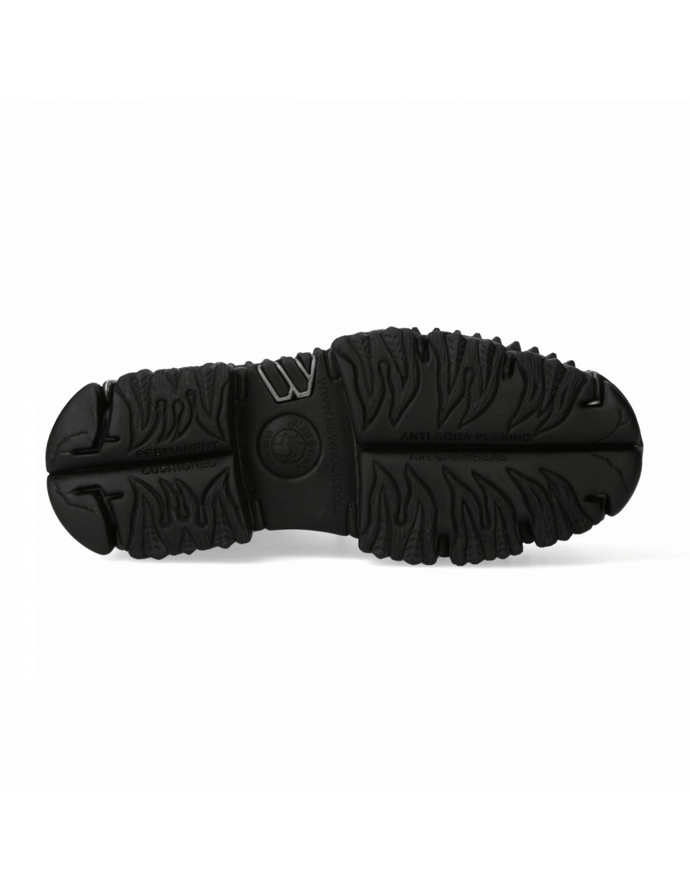 Bottom view of NEW ROCK women's black ankle boots showcasing rugged traction and durable sole design.