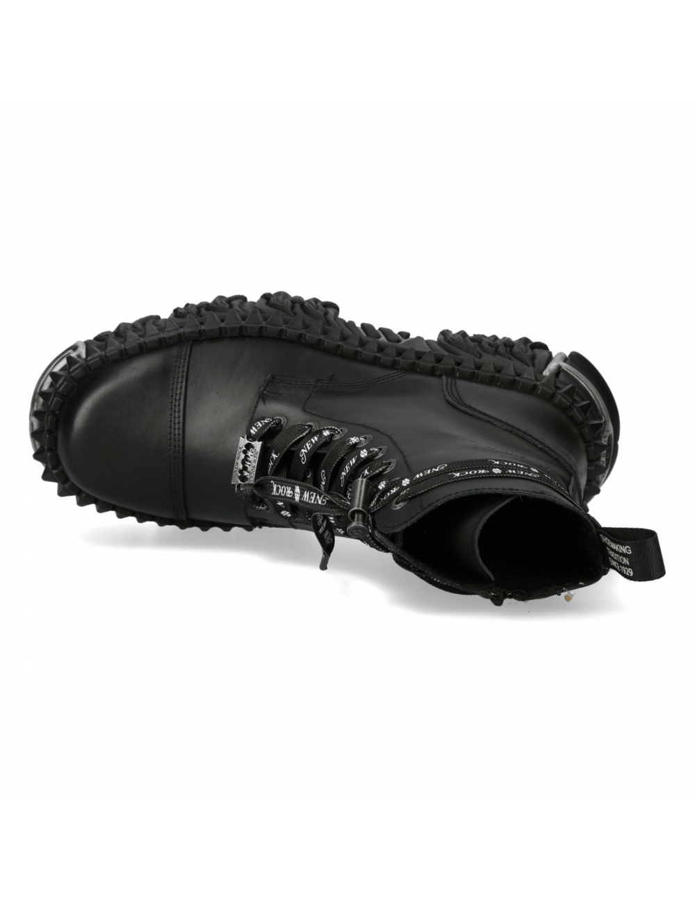 Top view of NEW ROCK black leather ankle boots with lace detail and rugged sole, perfect for punk style.