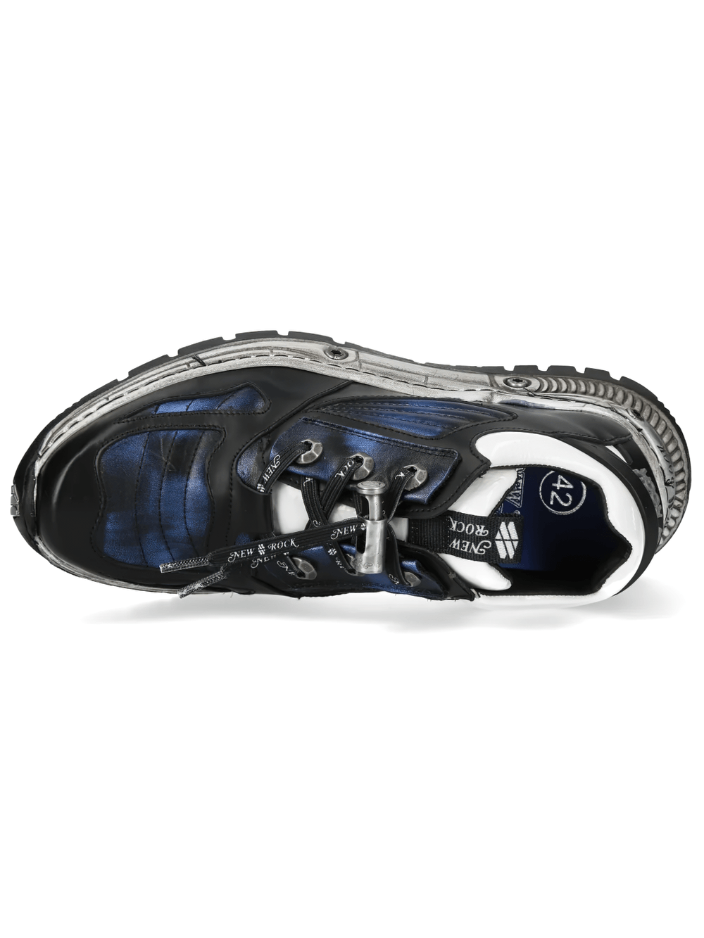NEW ROCK Women's Black Blue Rock Shoes with Hook Eyelets top view showcasing metallic panels and bold tread.