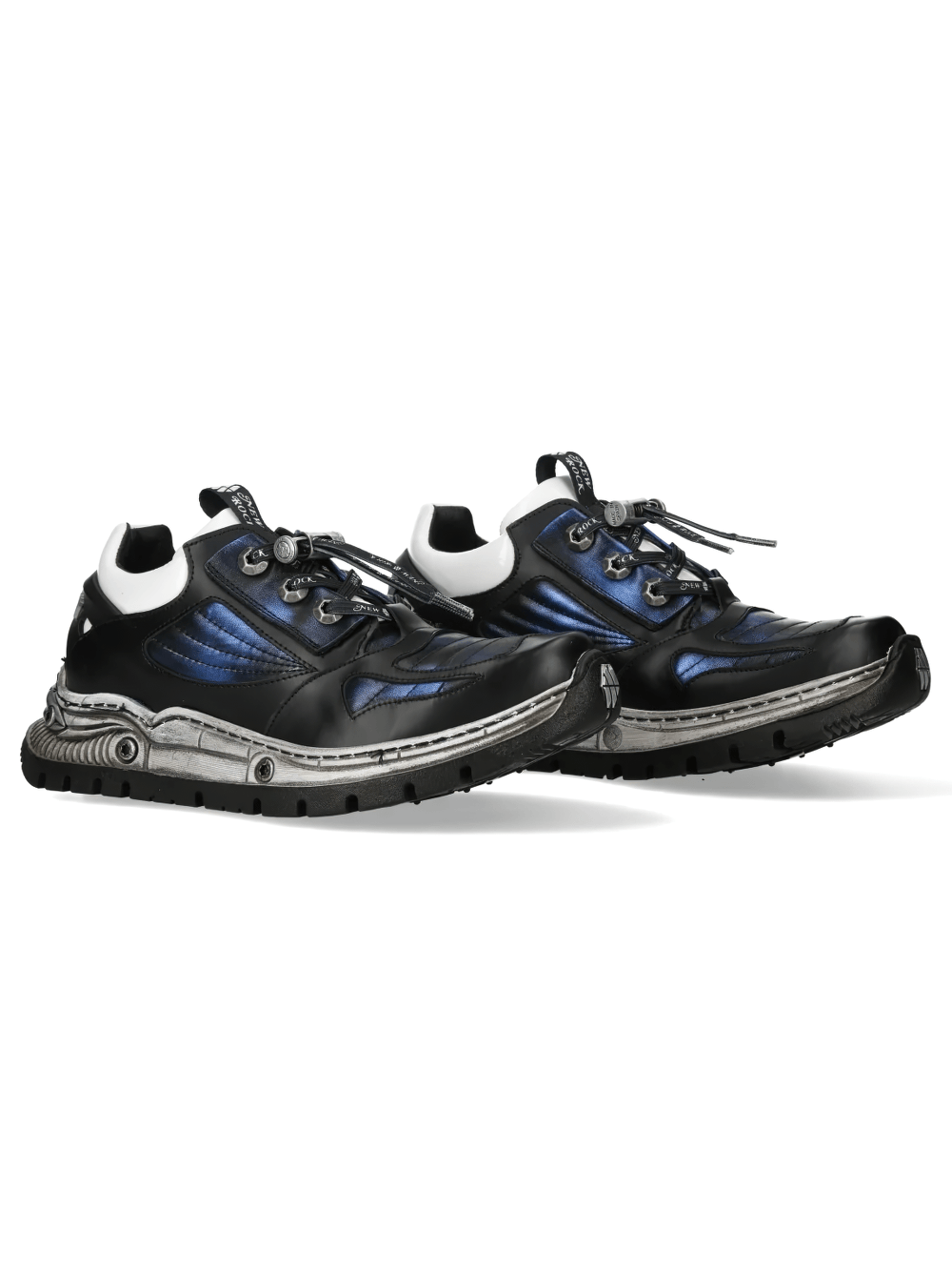 NEW ROCK Women's Black Blue Rock Shoes with Hook Eyelets, featuring metallic panels and a bold tread sole.
