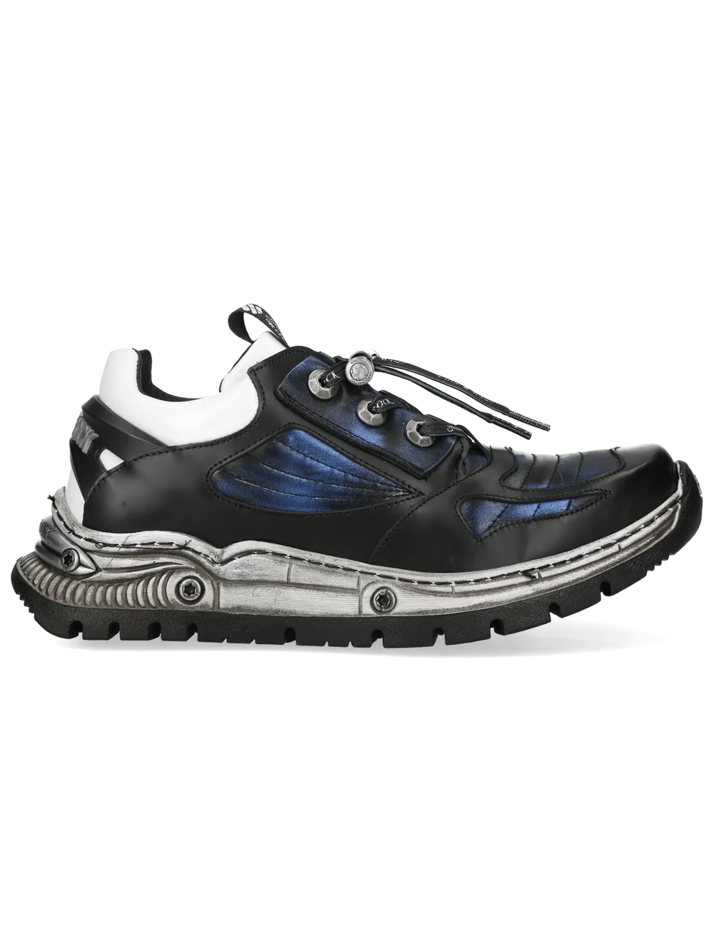 NEW ROCK Women's Black Blue Rock Shoes with Hook Eyelets side view featuring metallic panels and bold tread.