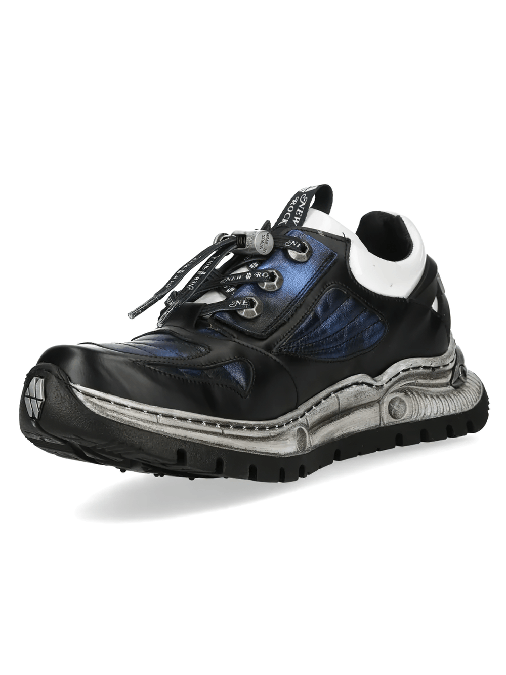 NEW ROCK Women's Black Blue Rock Shoes with Hook Eyelets featuring metallic panels and bold tread.