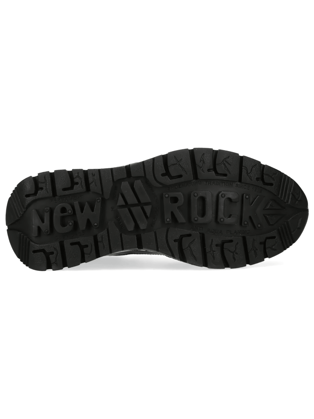 NEW ROCK Women's Black Blue Rock Shoes with Hook Eyelets - Sole view showcasing bold tread pattern.