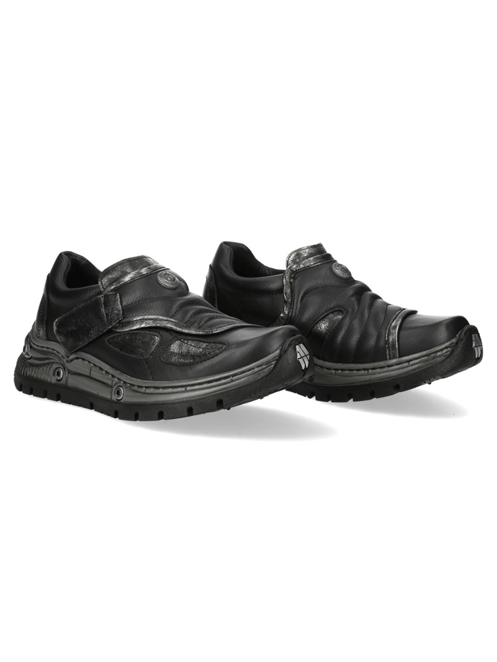 NEW ROCK Women's Black Cyberpunk Shoes with Velcro showcasing sleek design and sculpted metallic accents.