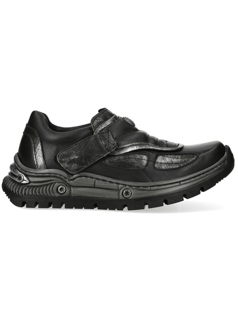 NEW ROCK Women's Black Cyberpunk Shoes with Velcro - Stylish punk footwear with metallic accents and bold sole.