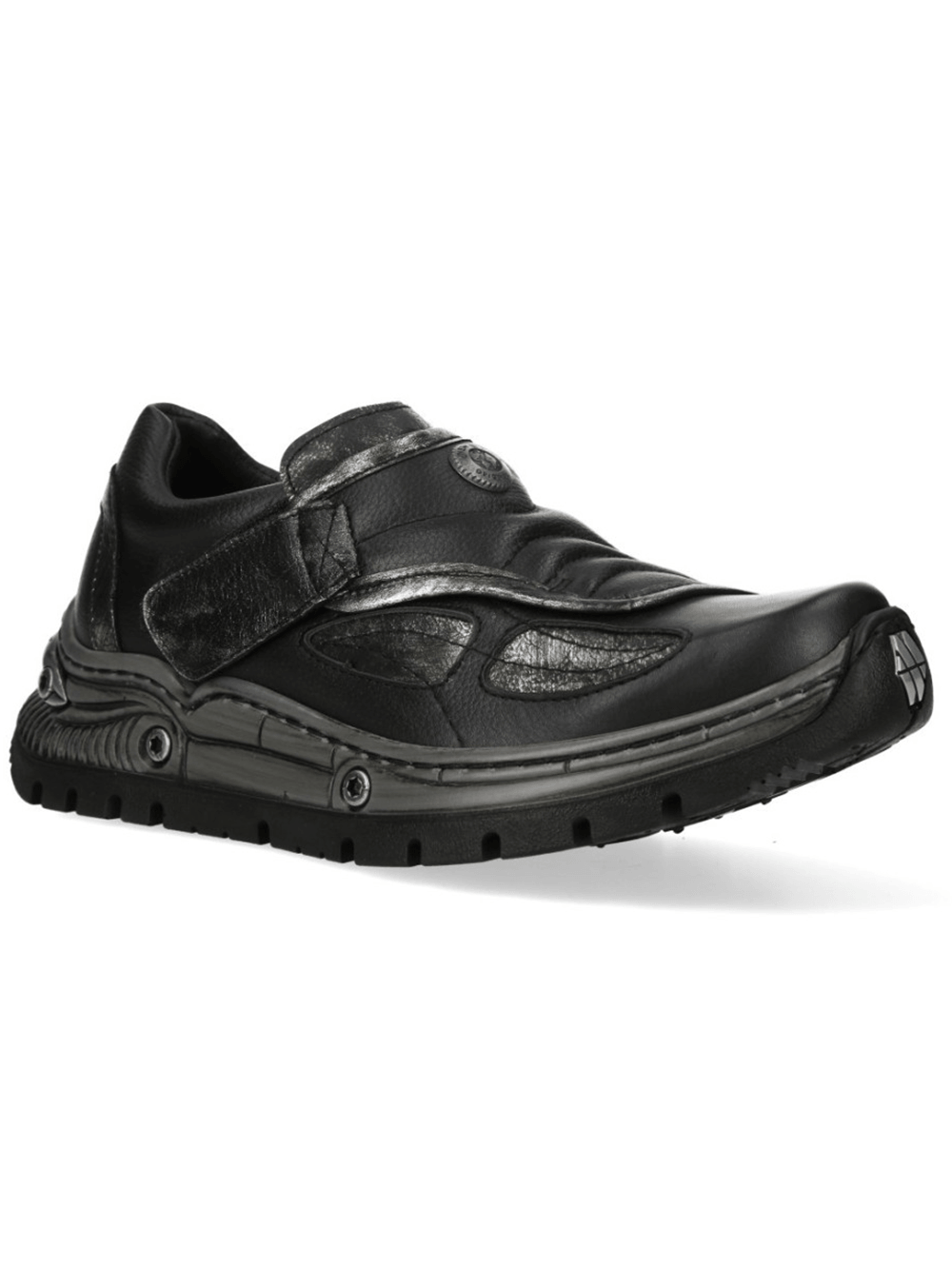 NEW ROCK Women's Black Cyberpunk Shoes with Velcro featuring sculpted metallic accents and a sleek design.