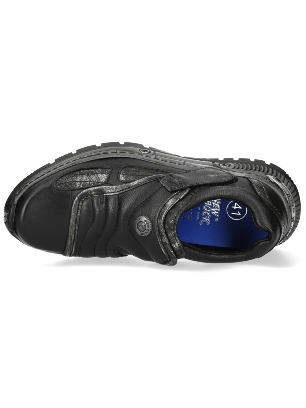 NEW ROCK Women's Black Cyberpunk Shoes with Velcro, top view showcasing sleek design and metallic accents.