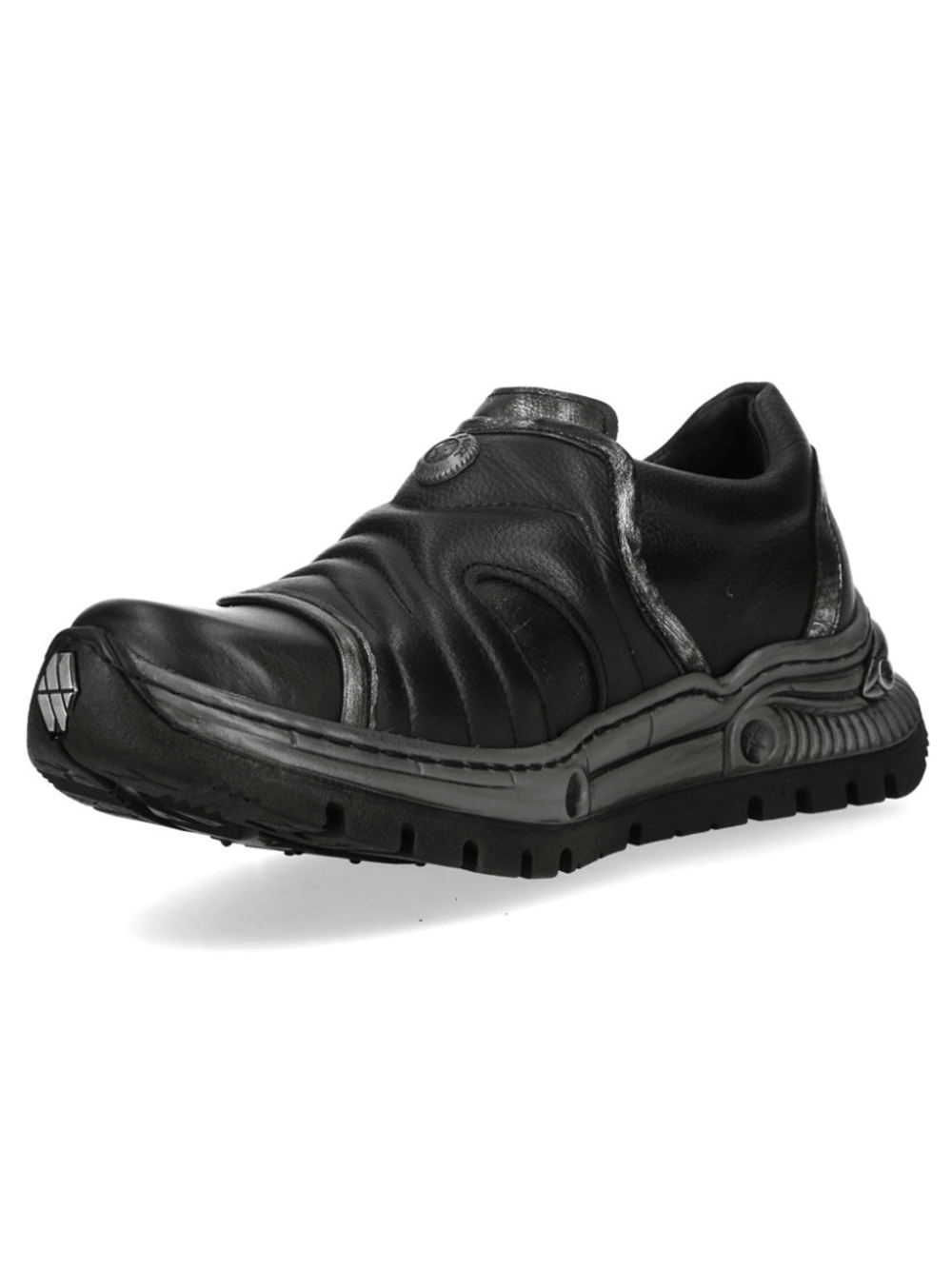 NEW ROCK Women's Black Cyberpunk Shoes with Velcro side view showcasing sculpted design and metallic accents.