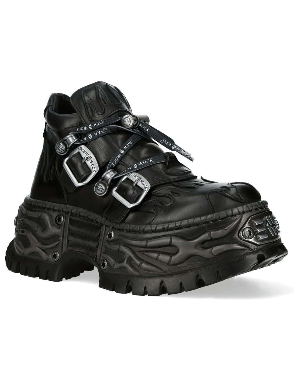 NEW ROCK Women's Black Gothic Flame Platform Shoes featuring sculpted tower tread and flame-inspired details.