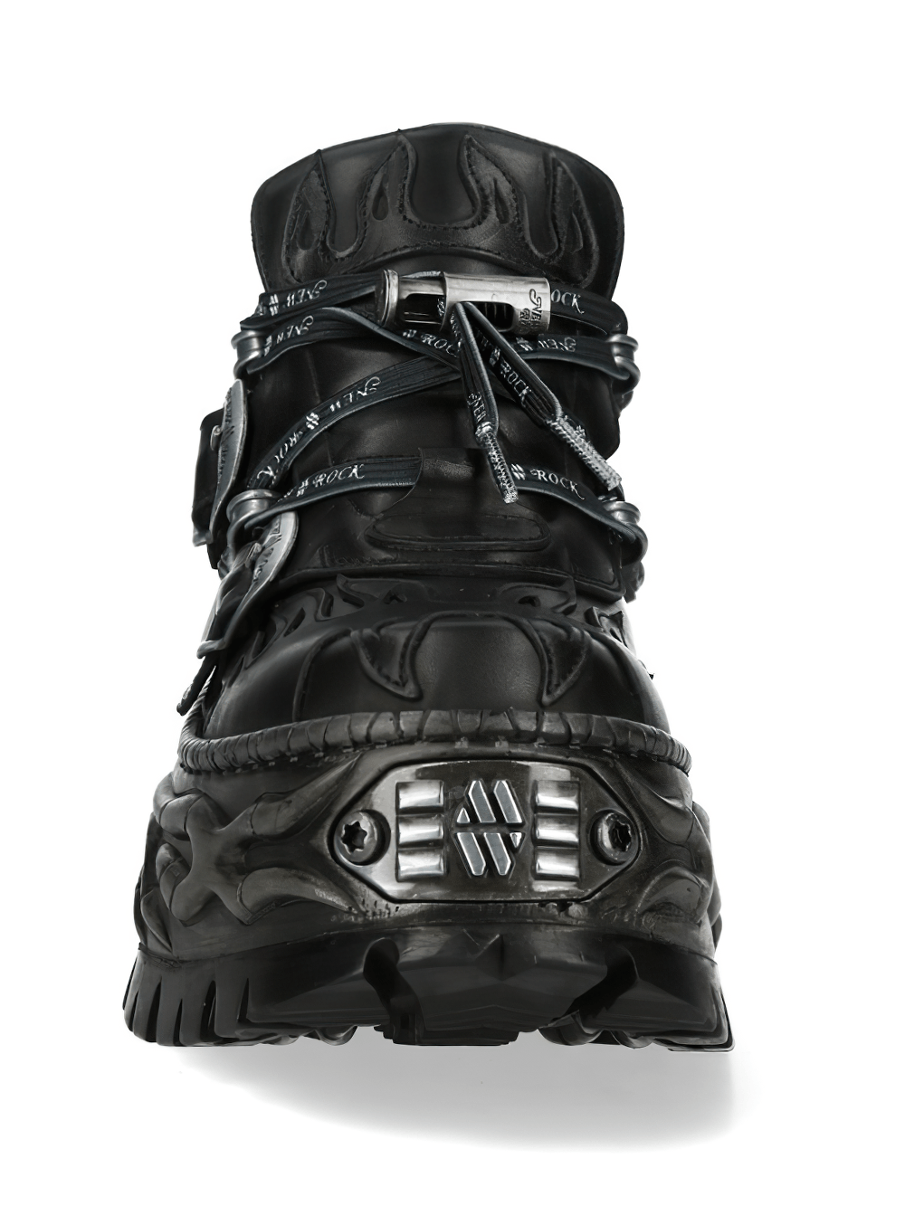 NEW ROCK Women's Black Gothic Flame Platform Shoes with flame details and sculpted sole.