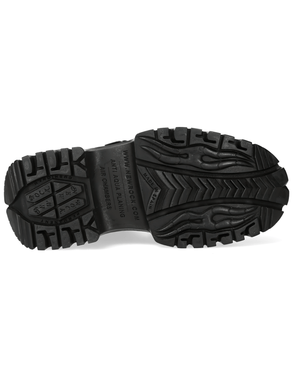 NEW ROCK Women's Black Gothic Flame Platform Shoes bottom sole view with sculpted tread detail.
