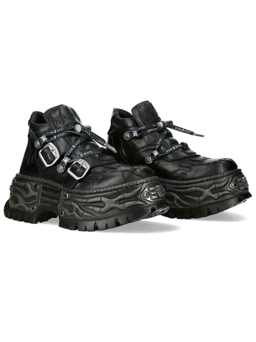 NEW ROCK Women's Black Gothic Flame Platform Shoes with buckle straps and flame detailing.