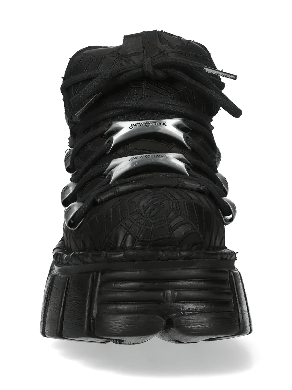 NEW ROCK Women's Black Gothic Platform Shoes with Lacing, featuring silver hook plate trims and thick round laces.