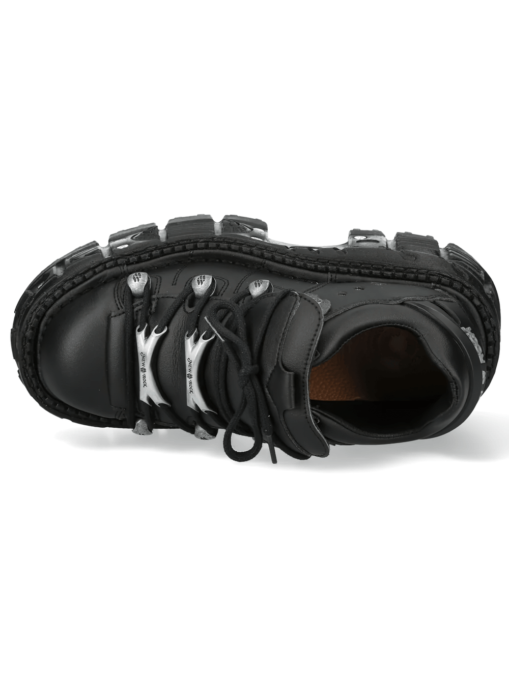 NEW ROCK Women's Black Industrial Ankle Boots with Laces Set top view showcasing chunky design and flame-shaped hardware.