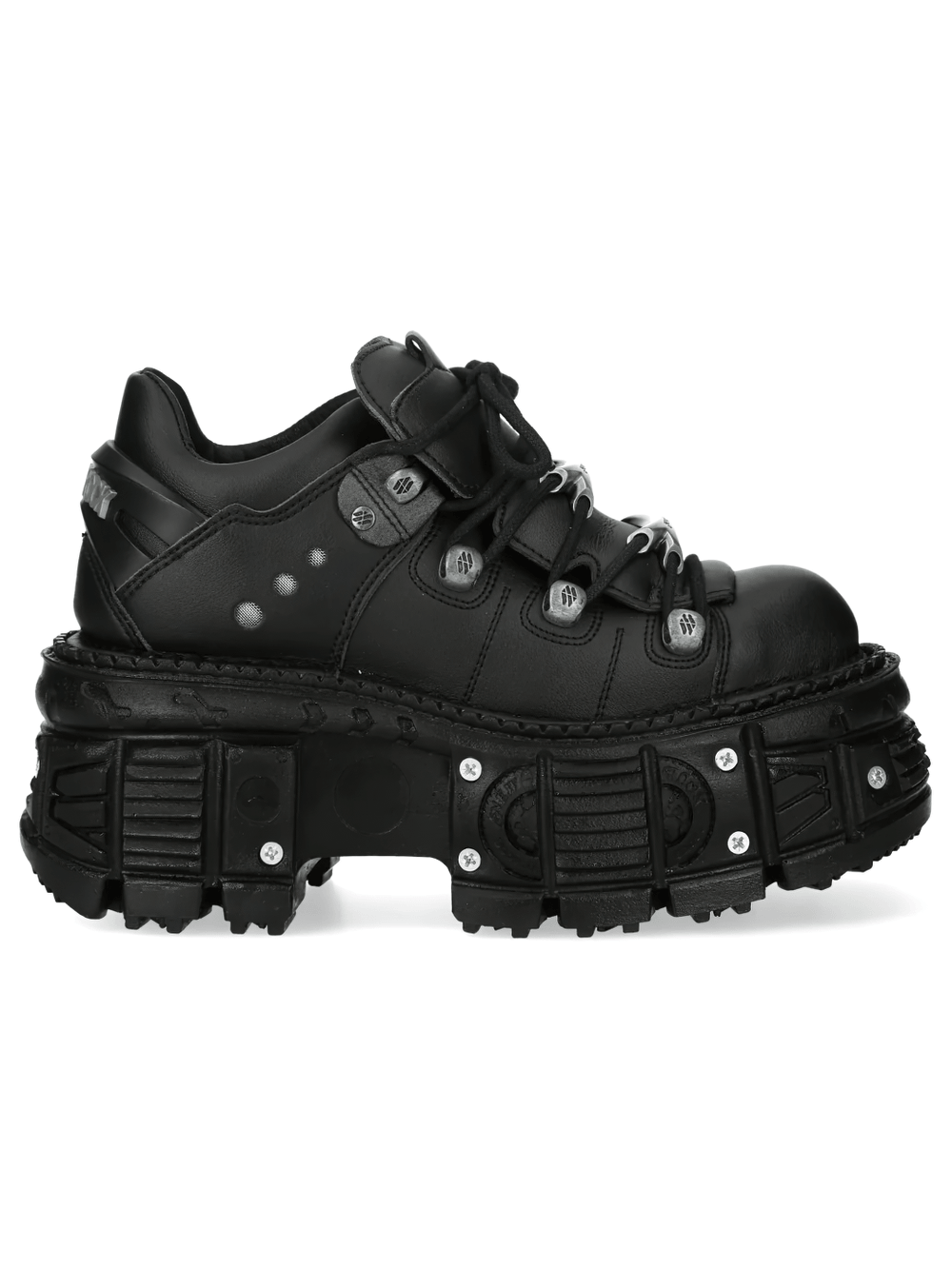 NEW ROCK Women's Black Industrial Ankle Boots with Laces Set side view showcasing chunky design and sculpted lug sole.