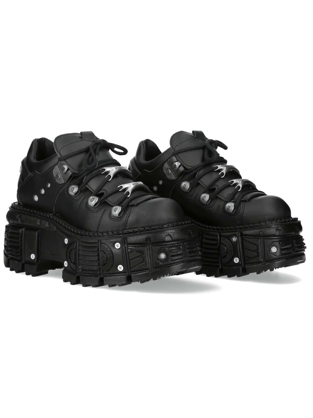 NEW ROCK Women's Black Industrial Ankle Boots with Laces Set featuring chunky sole and silver flame hardware.