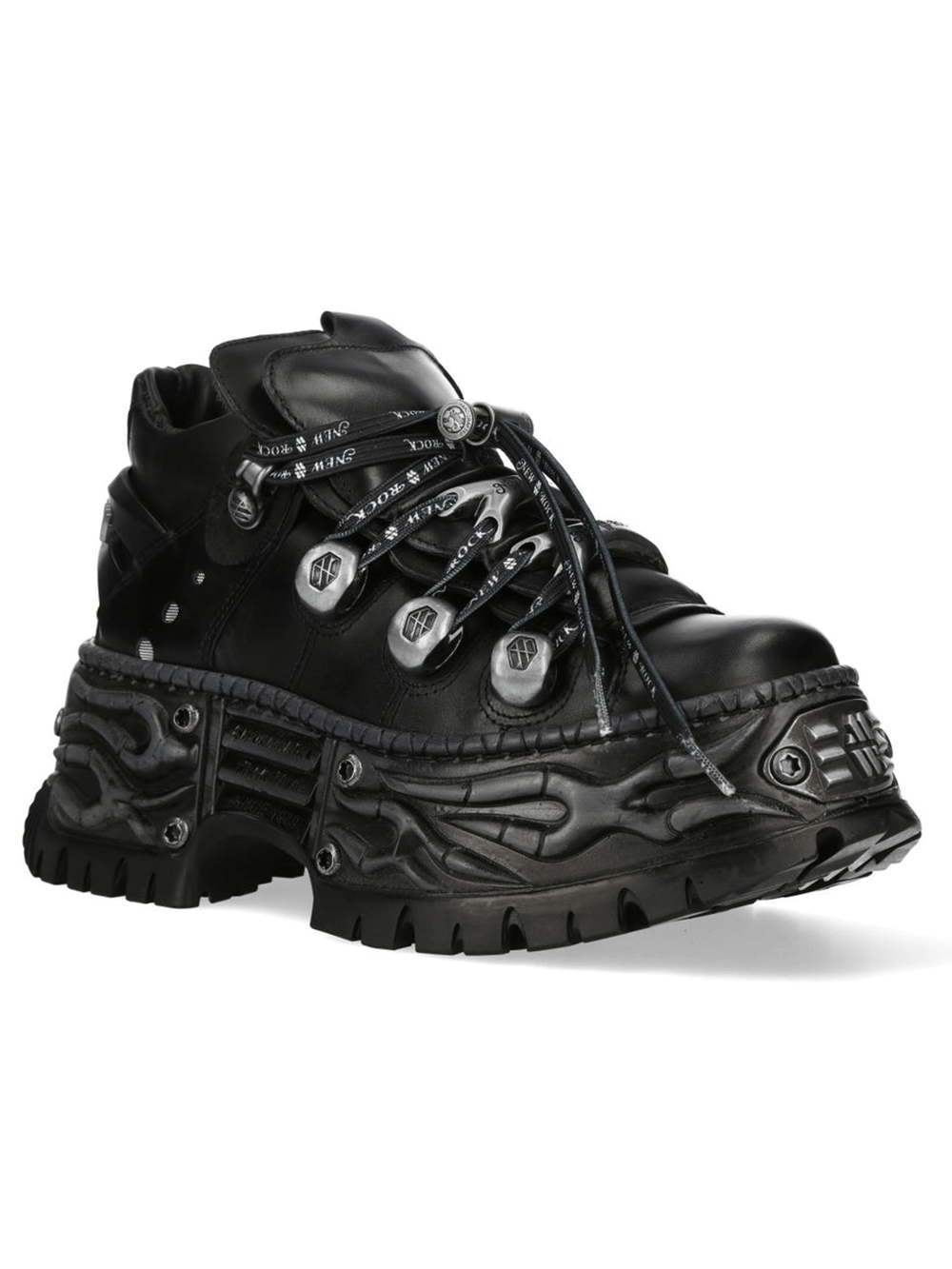 NEW ROCK Women's Black Industrial Platform Shoes with oversized metal lace hardware and sculpted platform sole.
