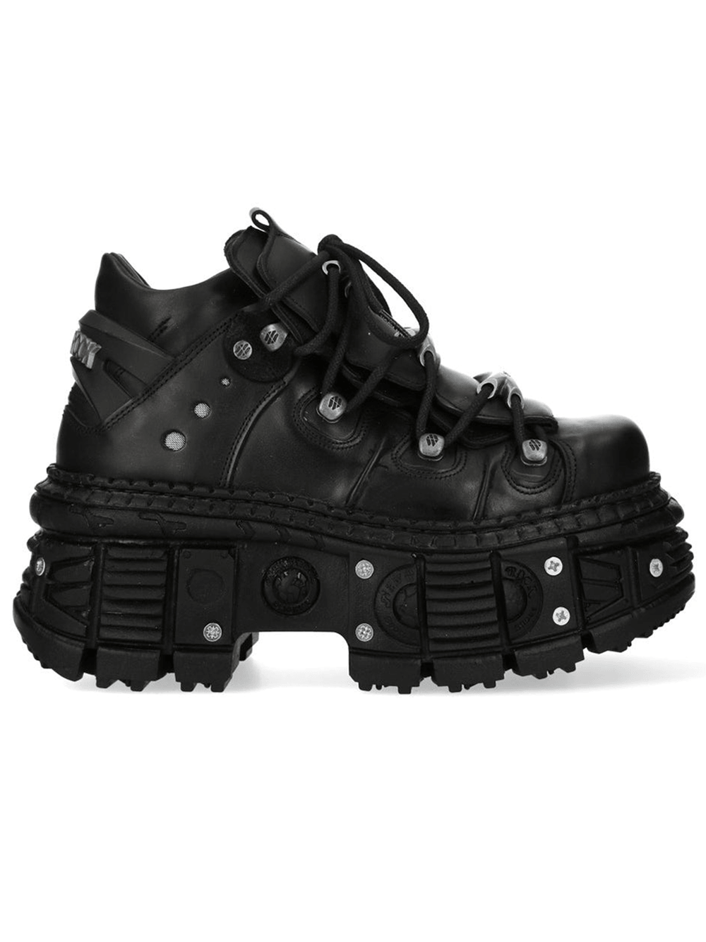 NEW ROCK Women's Black Platform Boots with Armored Details featuring oversized tread and bold lace-up design.