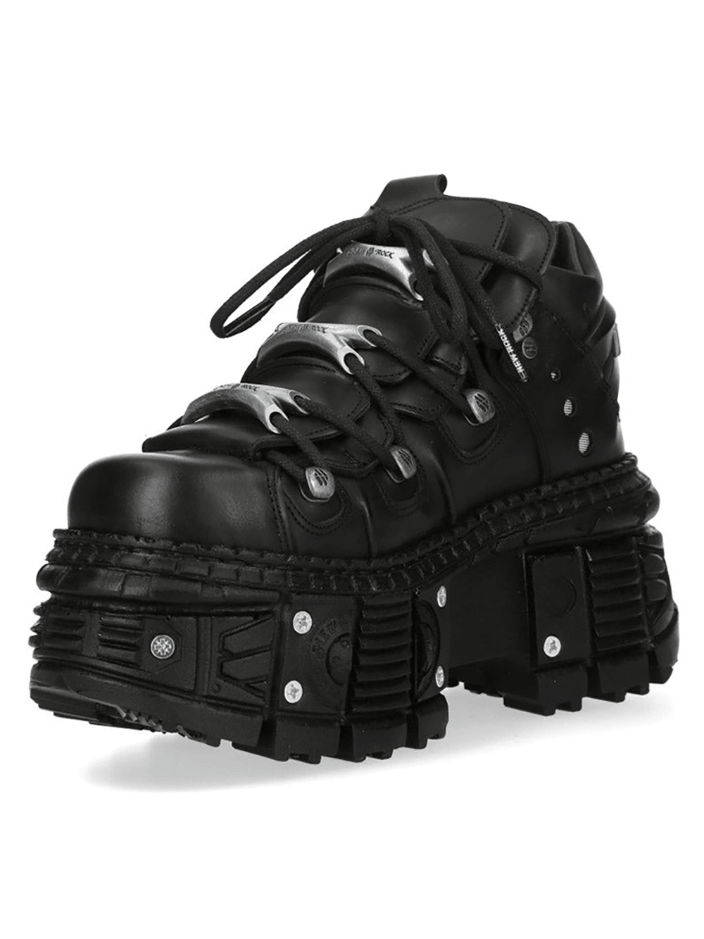 NEW ROCK Women's Black Platform Boots with Armored Details featuring oversized tread and silver-tone laces.