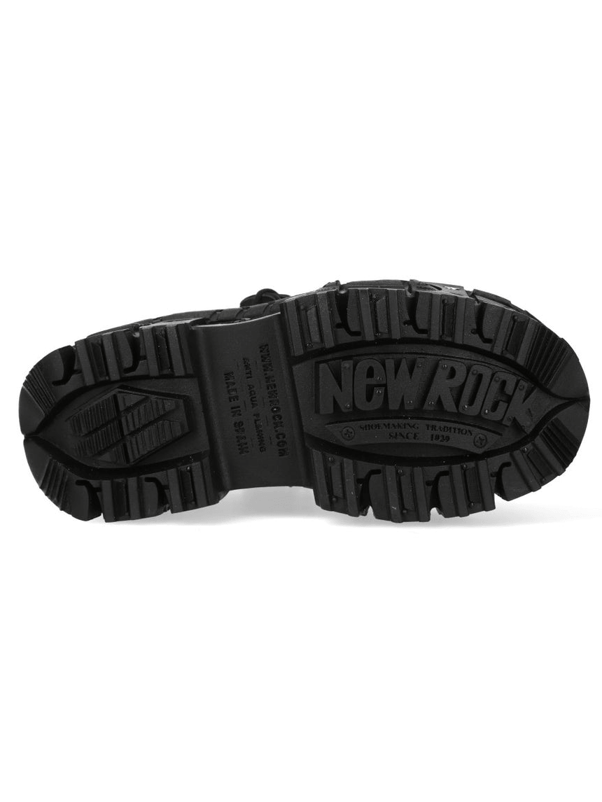 NEW ROCK Women's Black Platform Boots with Armored Details - stylish black sole view showcasing rugged tread design.