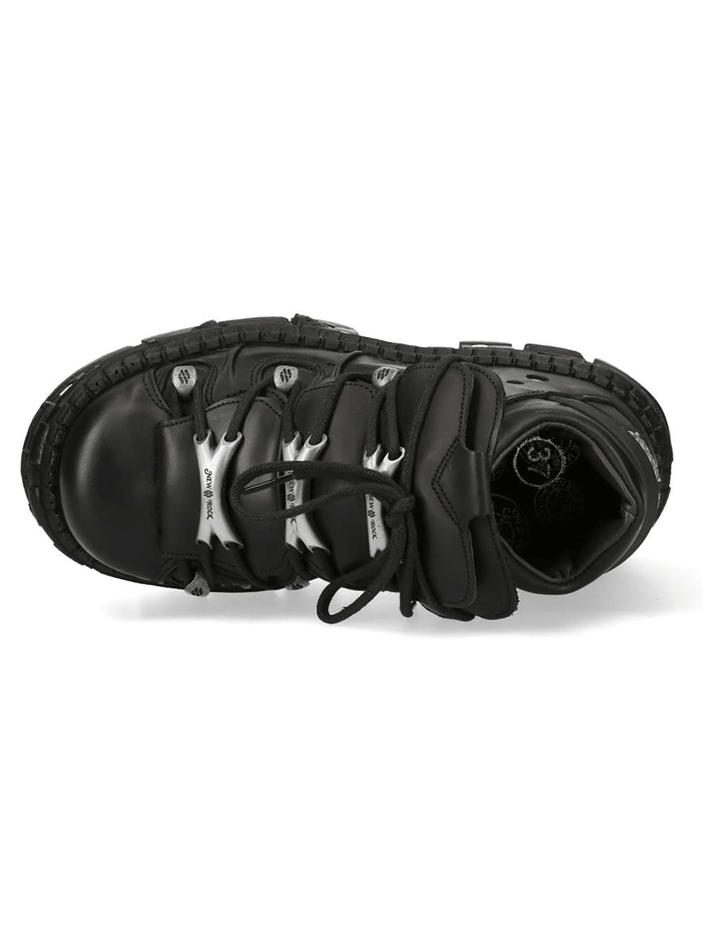 NEW ROCK Women's Black Platform Boots with Armored Details - Top view showcasing oversized lace and sculpted tread.