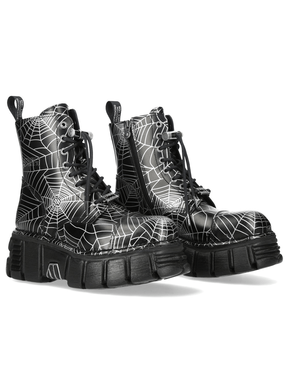 NEW ROCK Women's Black Platform Boots with White Spiderweb showcasing spiderweb print and chunky sole.