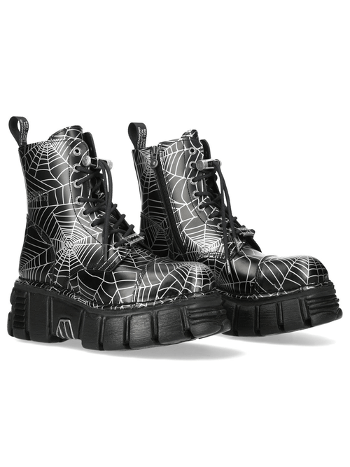 NEW ROCK Women's Black Platform Boots with White Spiderweb