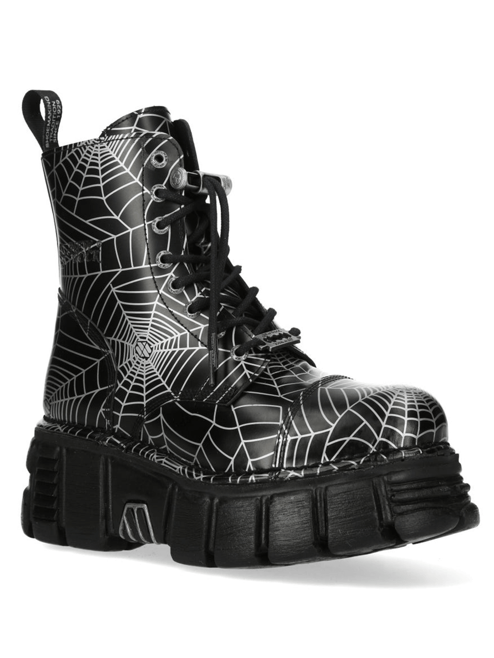 NEW ROCK Women's Black Platform Boots with White Spiderweb side view featuring chunky military sole and spiderweb design.
