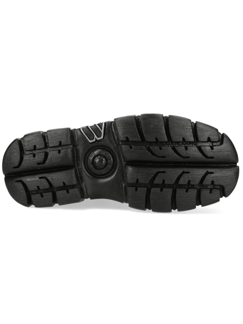 NEW ROCK Women's Black Platform Boots with White Spiderweb chunky military sole from below, showcasing the rugged tread design.