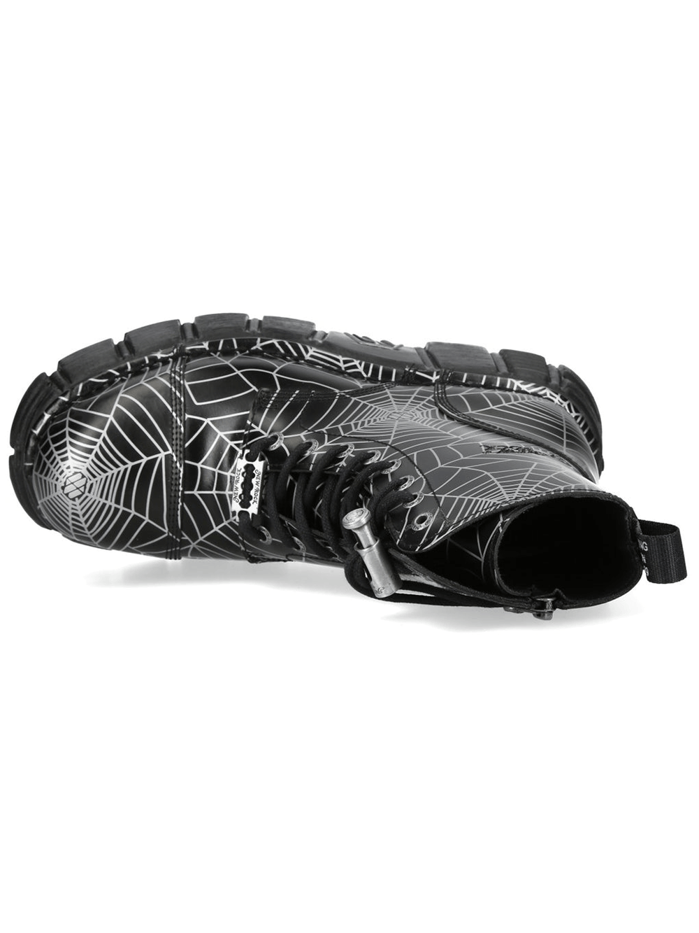 NEW ROCK Women's Black Platform Boots with White Spiderweb viewed from above showcasing spiderweb design and chunky sole.