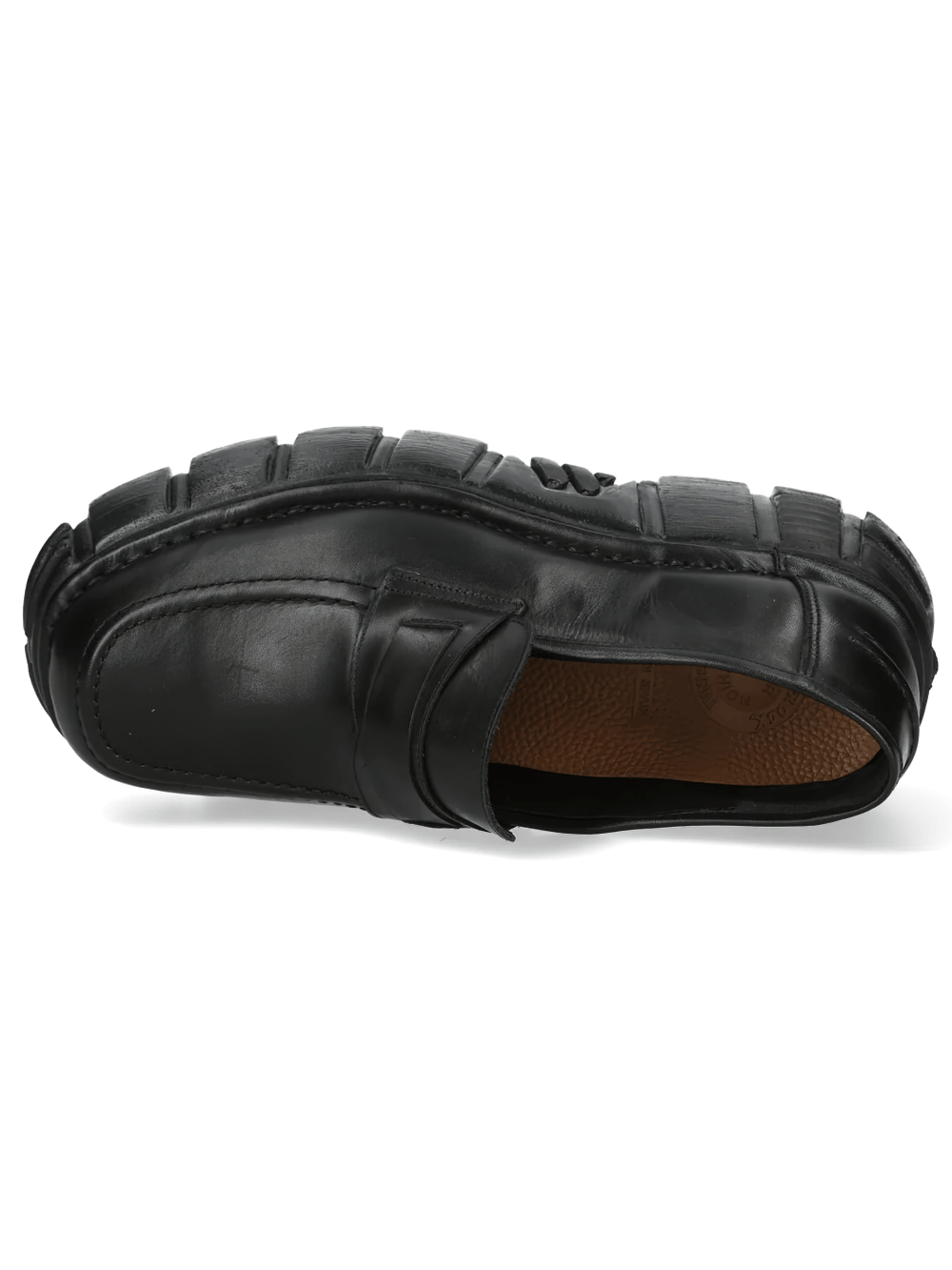 NEW ROCK Women's Black Platform Penny Loafers with Lug Soles top view showcasing sleek design and treaded platform.
