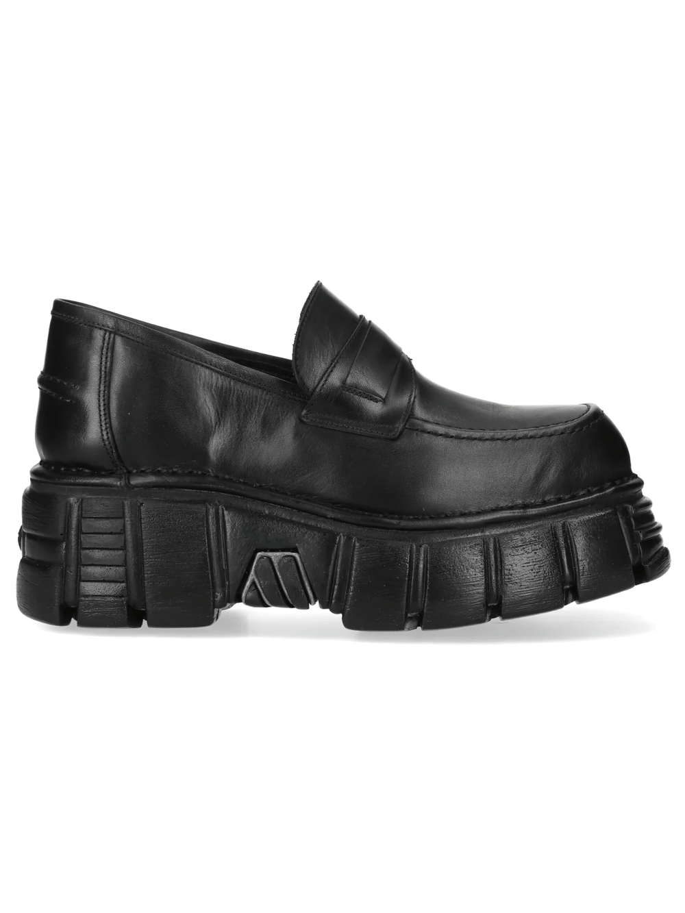 NEW ROCK Women's Black Platform Penny Loafers with Lug Soles side view on white background.