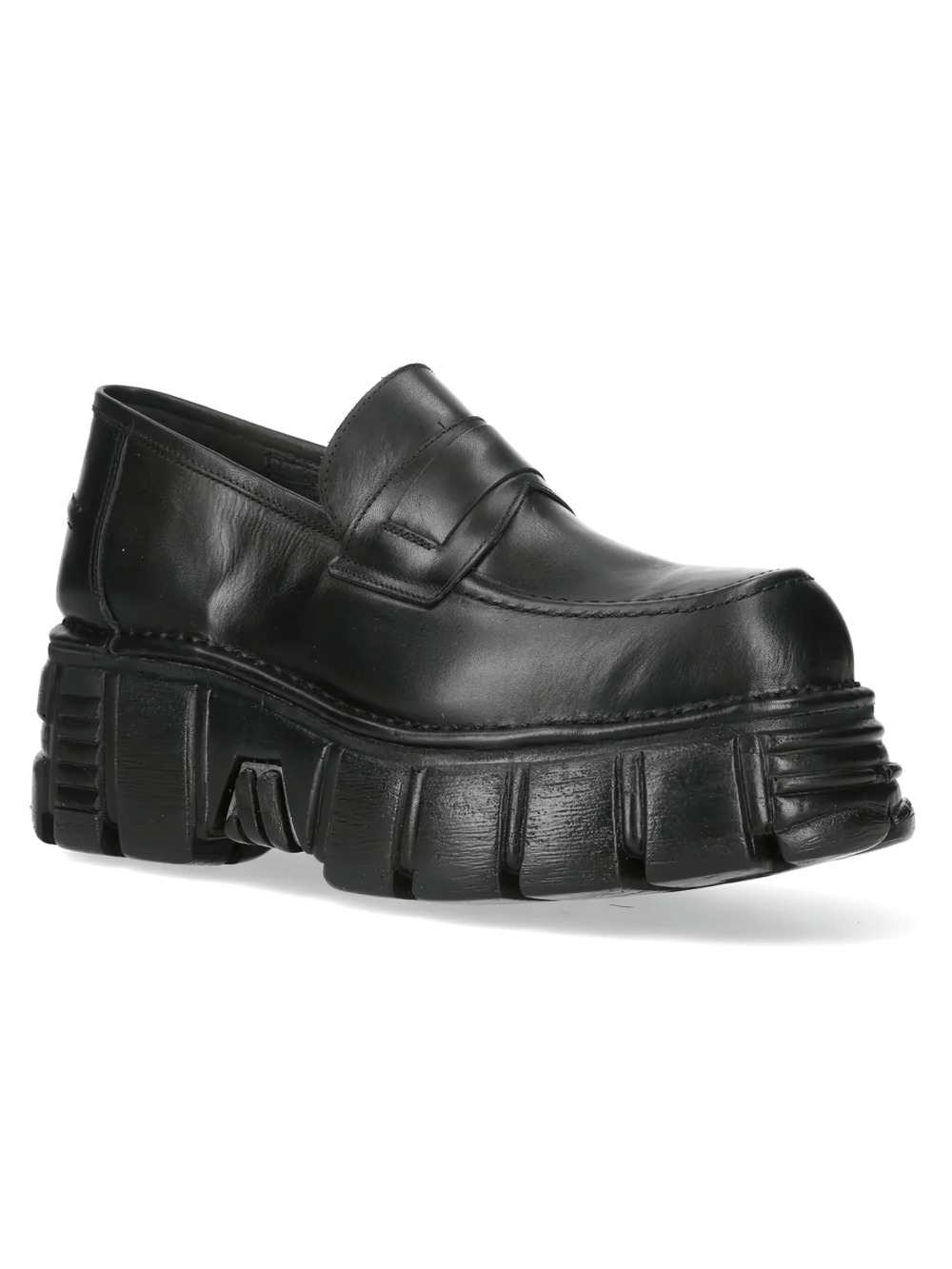 NEW ROCK Women's Black Platform Penny Loafers with Lug Soles featuring a thick treaded sole for a bold punk style.