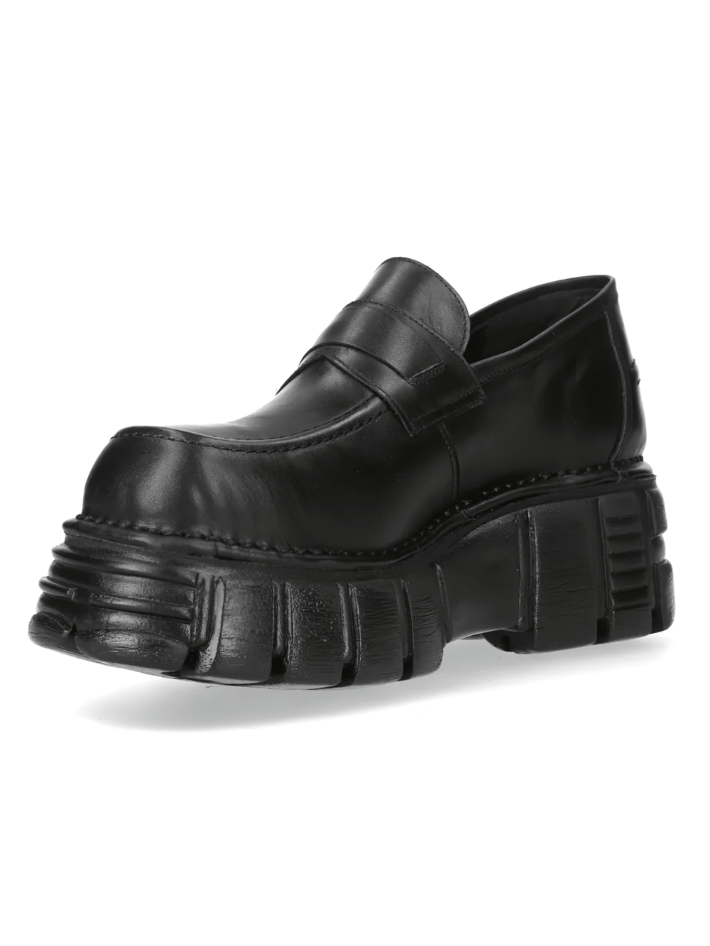 NEW ROCK Women's Black Platform Penny Loafers with Lug Soles showcasing a bold, treaded sole and sleek moccasin design.