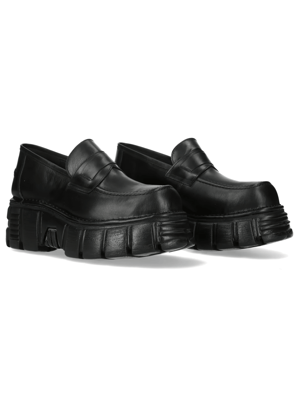 NEW ROCK Women's Black Platform Penny Loafers with Lug Soles featuring a sculpted treaded platform design.