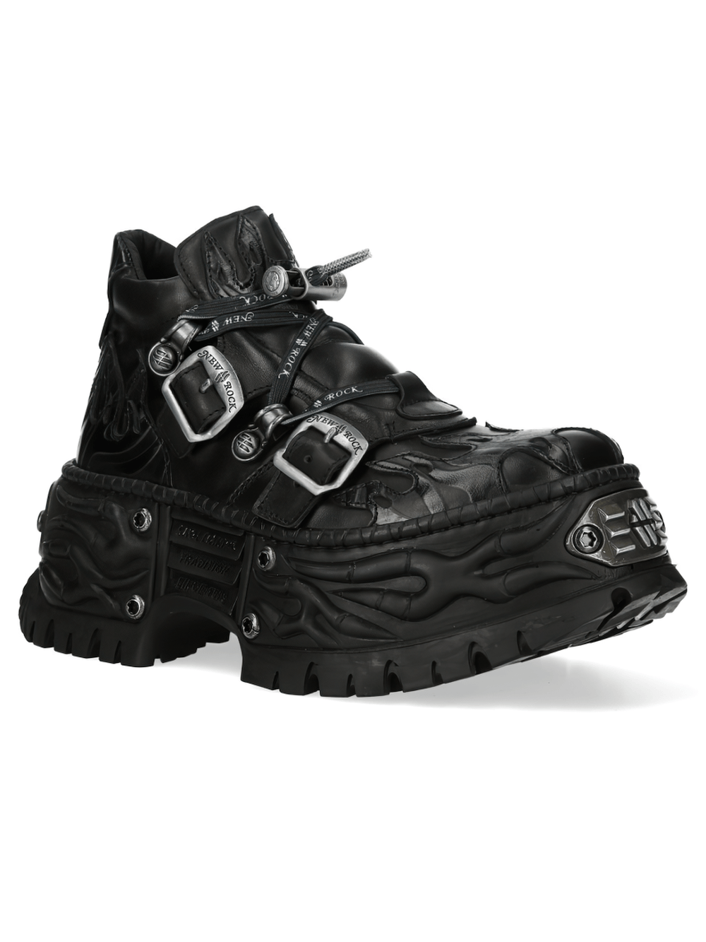 NEW ROCK Women's Black Platform Shoes with Buckle Trim showcasing flame panels and heavy treads for gothic and punk fashion.