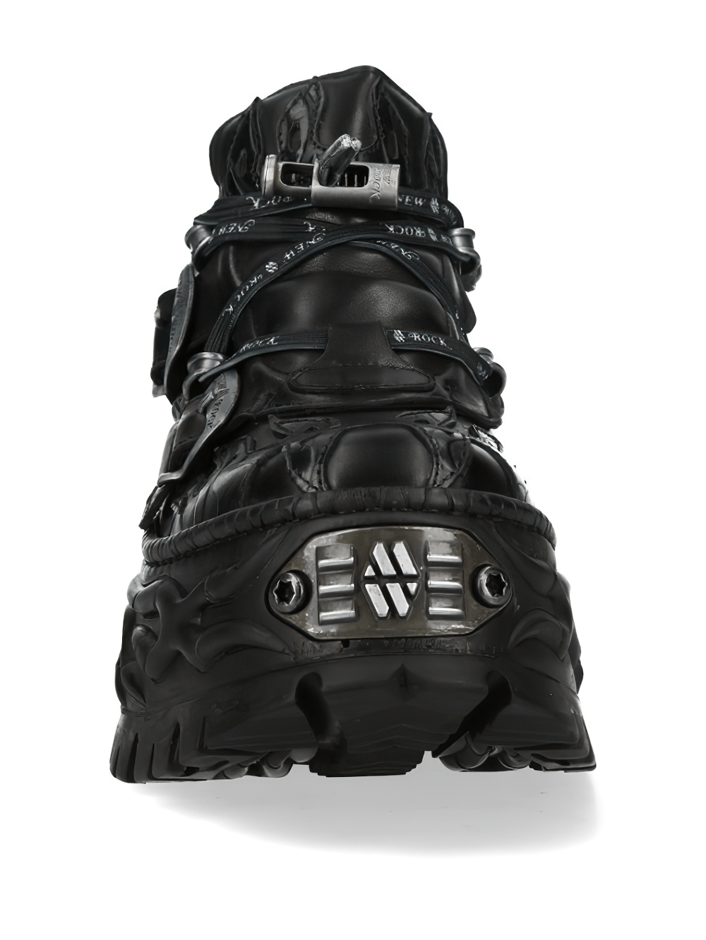 NEW ROCK Women's Black Platform Shoes with Buckle Trim showcasing flame panels and heavy treads.