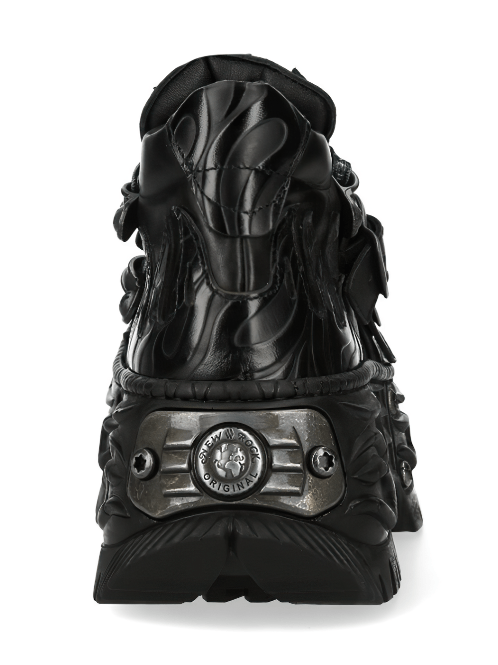 NEW ROCK Women's Black Platform Shoes with Buckle Trim - black shoes with flame panels and unique buckle design.