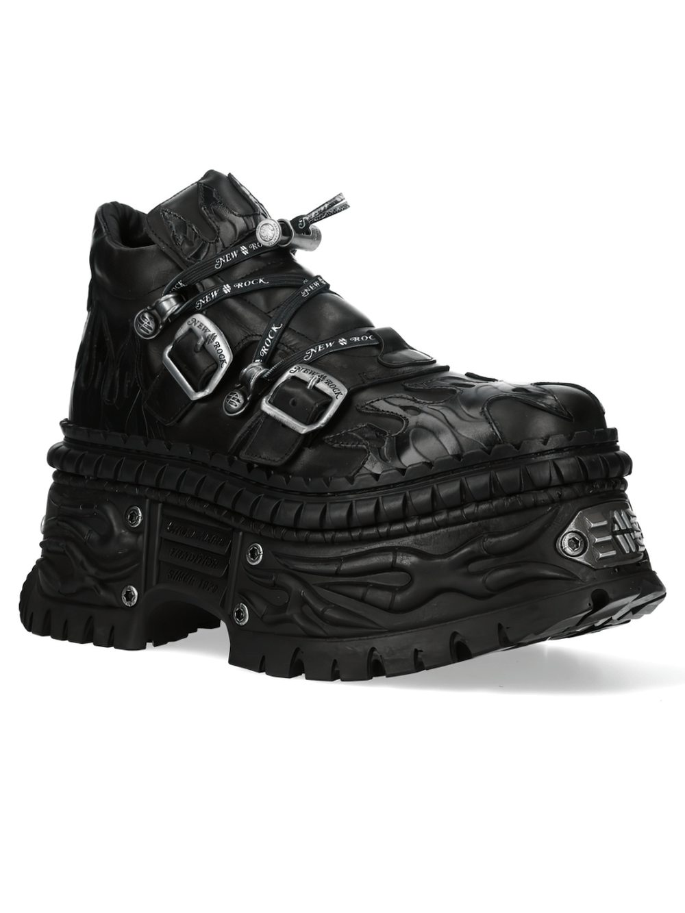 NEW ROCK Women's Black Platform Shoes with Flame Detail showcasing detailed buckle straps and flame overlays.
