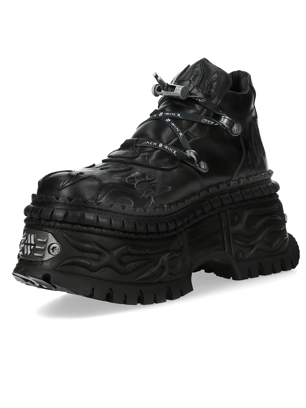 NEW ROCK Women's Black Platform Shoes with Flame Detail featuring flame overlays and buckle straps for a punk look.