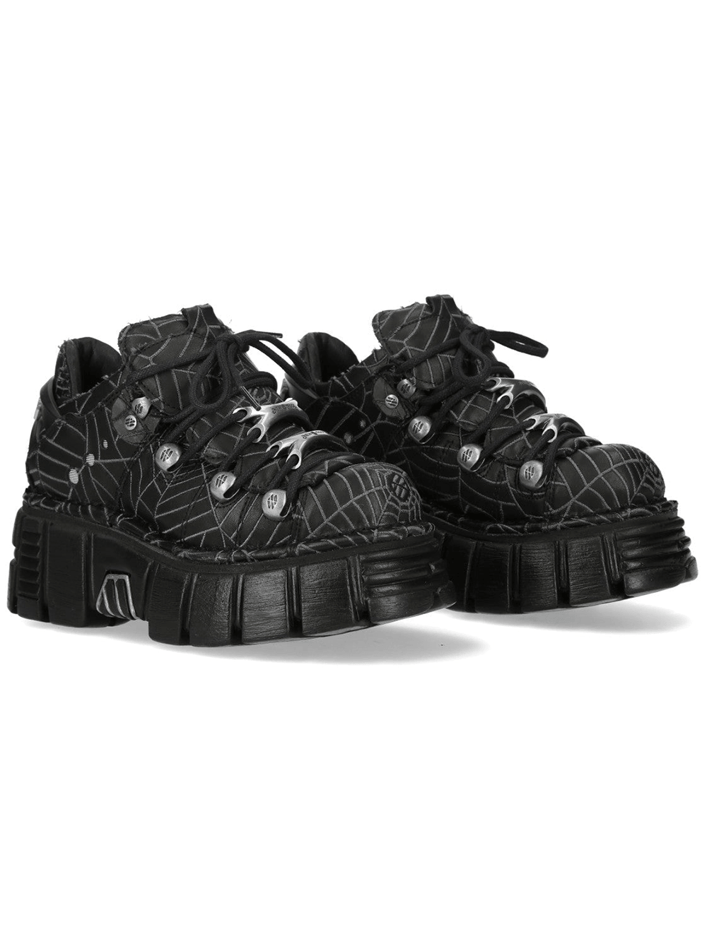 NEW ROCK Women's Black Platform Shoes with Gray Spiderweb featuring chunky tread and metal hardware.