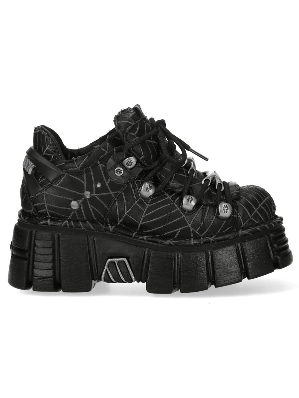 NEW ROCK Women's Black Platform Shoes with Gray Spiderweb side view, featuring round laces and chunky tread sole.